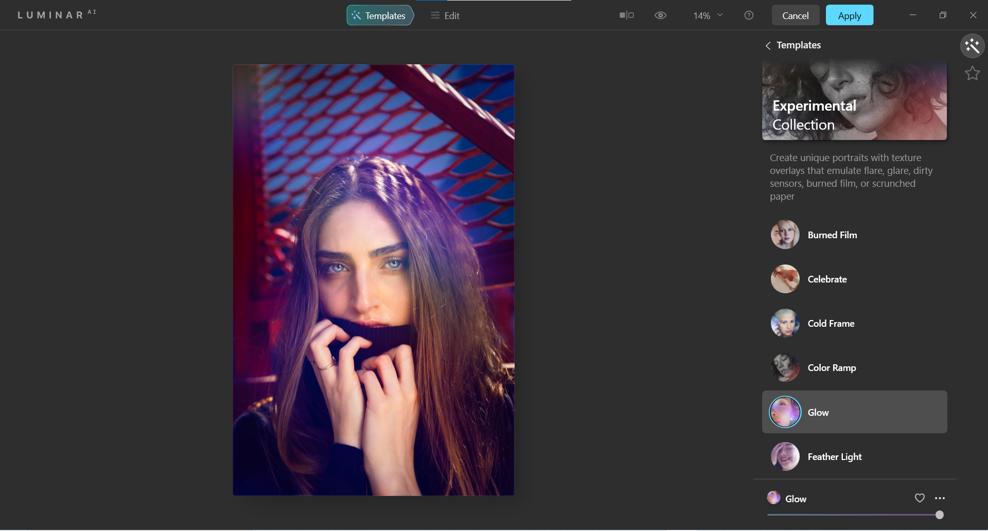 выбор Glow в Templates