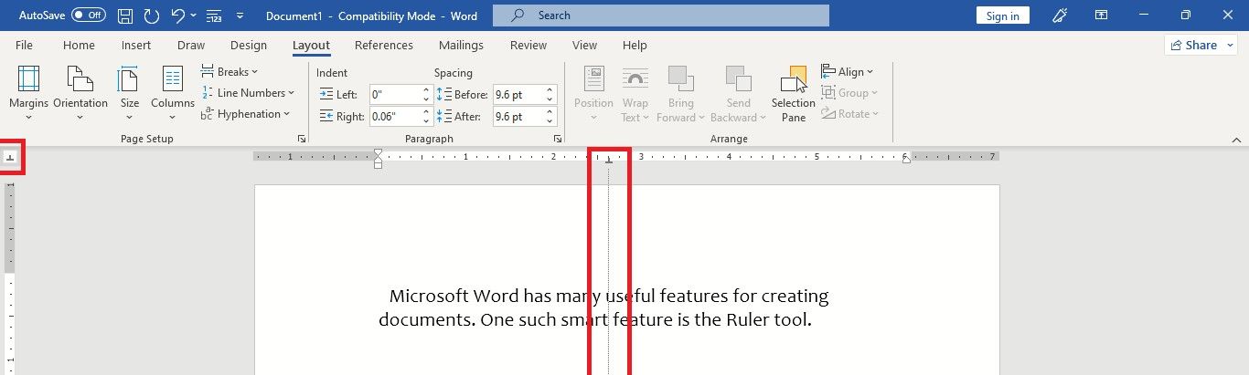 Установка центрированного табулятора на линейке в Word