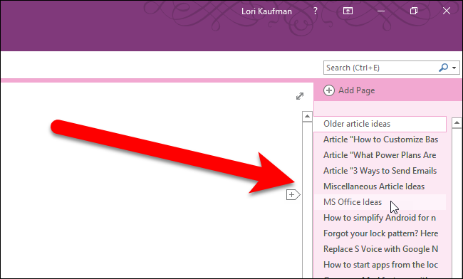 Список страниц блокнота в правой панели OneNote 2016