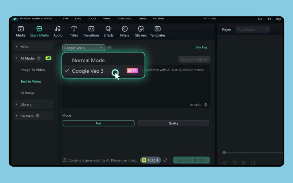 Выбор модели Google Veo 3 в Filmora