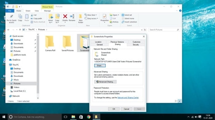 Окно свойств папки для общего доступа в Windows