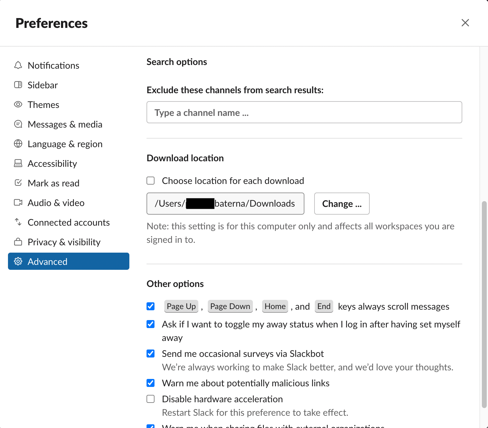 Дополнительные настройки Slack