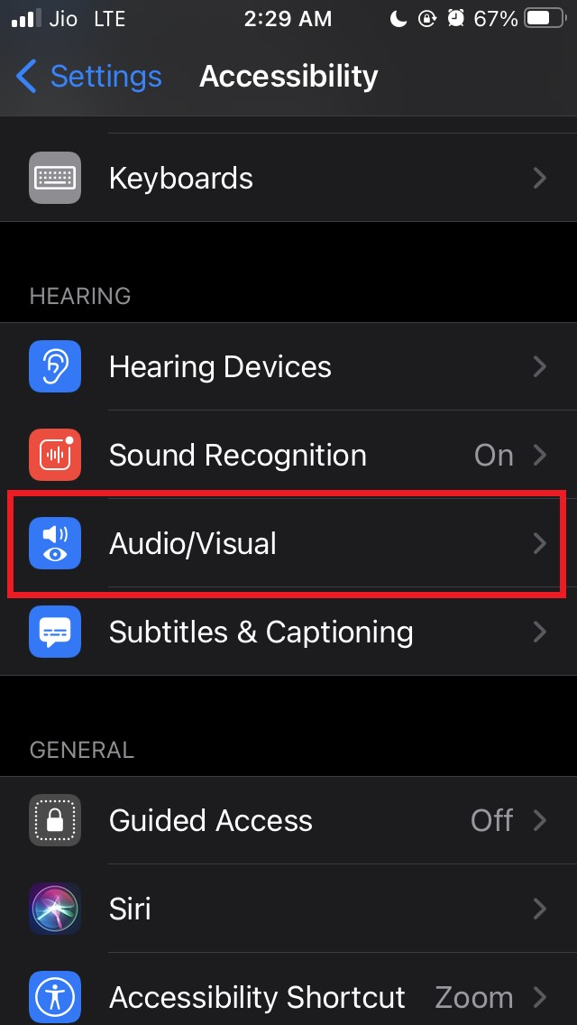 Seleccionar Audio/visual en Accesibilidad