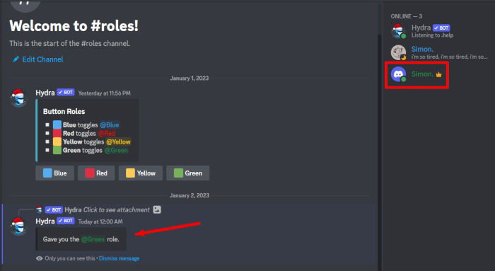 Пользователь выбирает роль, кнопки под сообщением Hydra