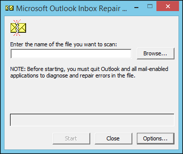 Окно утилиты ScanPST с кнопкой Browse для выбора файла PST или OST