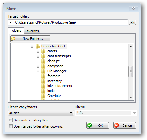 Окно перемещения файлов в FileMenu