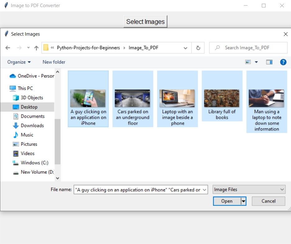 Окно выбора изображений в конвертере