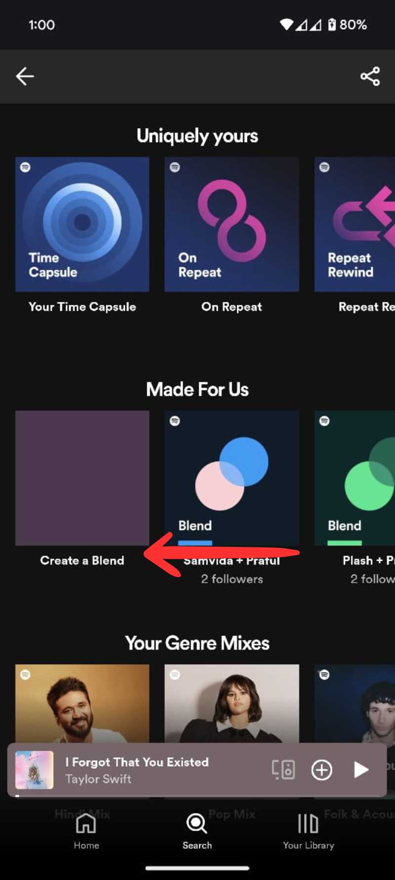 Кнопка Создать Blend в Spotify