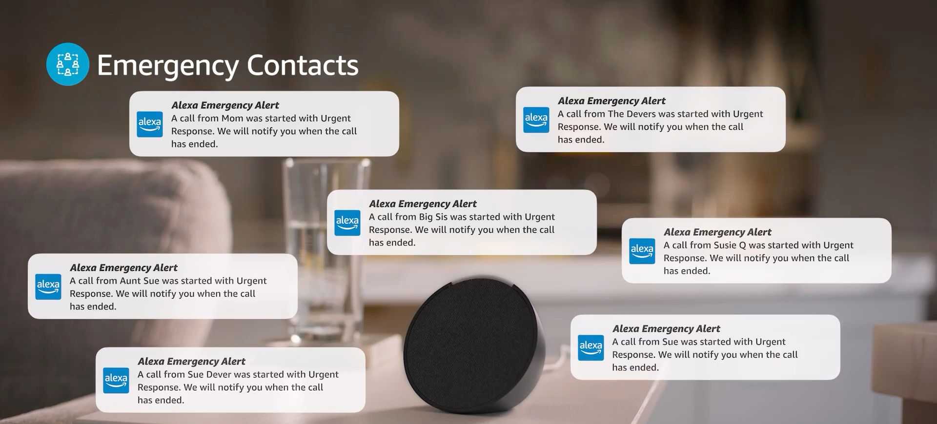 Пример уведомлений Alexa Emergency Contacts.