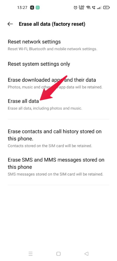Экран: подтверждение удаления всех данных
