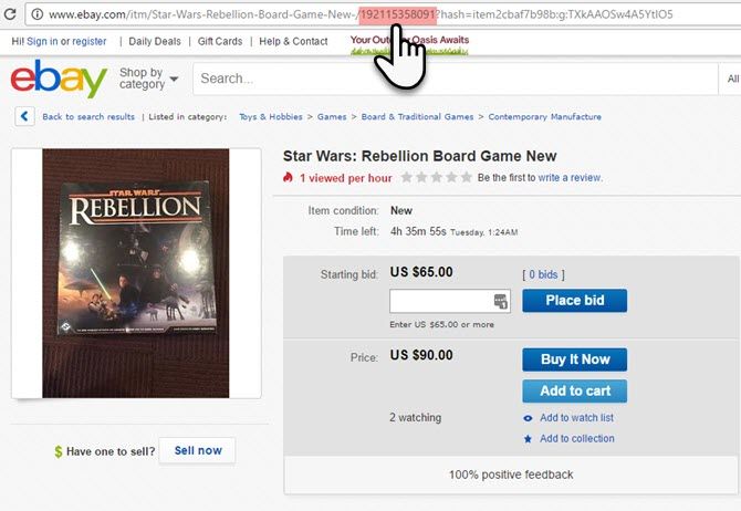 Номер товара eBay в описании страницы