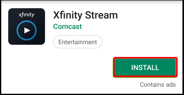 Кнопка установки Xfinity в магазине приложений
