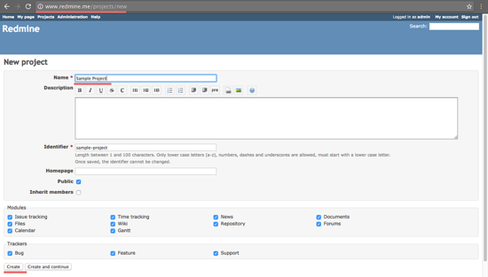 Создание нового проекта в Redmine — форма создания