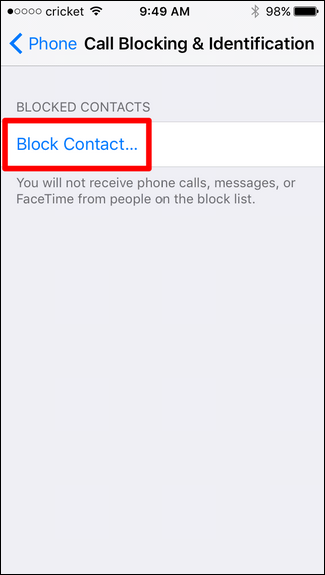 Кнопка 'Заблокировать контакт' в меню блокировок