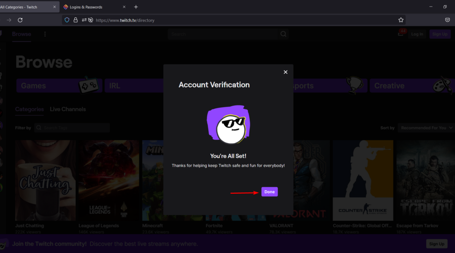 Кнопка завершения регистрации Twitch