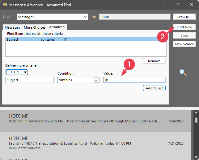 Окно расширенного поиска Outlook