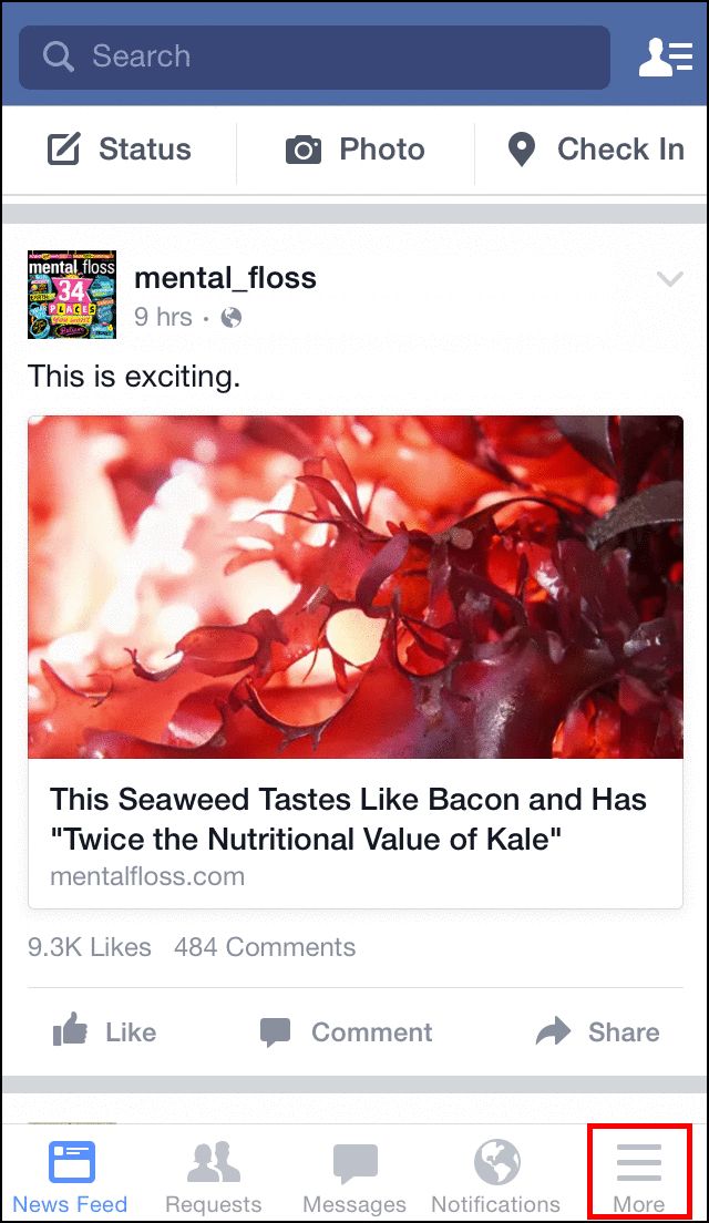 Меню настроек Facebook с вкладкой Ещё