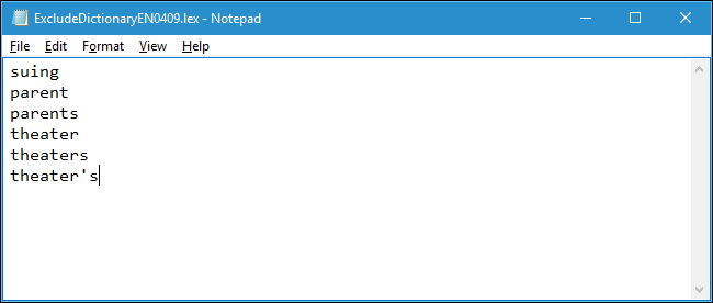 Редактирование файла ExcludeDictionary в Блокноте — добавление слов по одному на строку