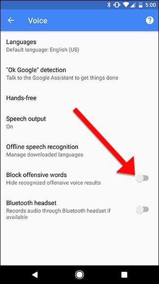 Переключатель в настройках голосового ввода Google