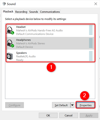 Выберите устройство и нажмите «Свойства».