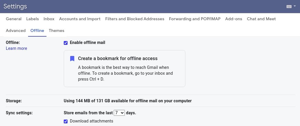 Параметры синхронизации офлайн почты Gmail