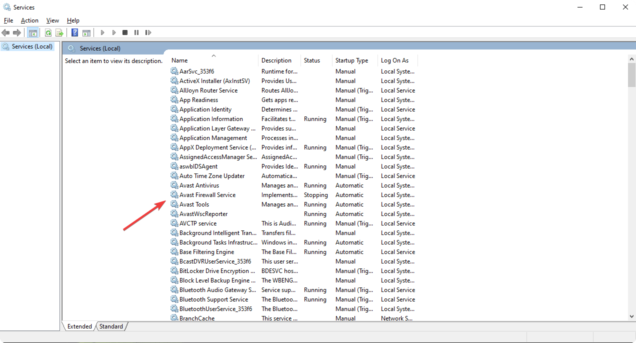 Список служб Avast в Windows