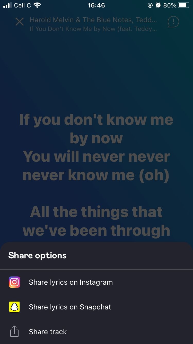 Скриншот: опции «Поделиться» для текста песни в мобильном приложении Deezer