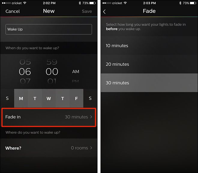 Выбор комнаты и ламп в Hue