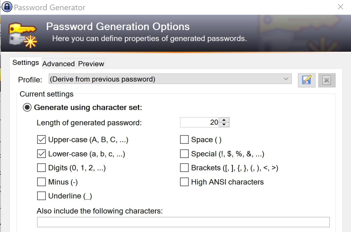Окно генератора паролей с дополнительными опциями