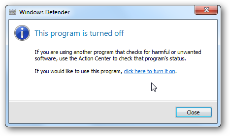 Подтверждение отключения Windows Defender