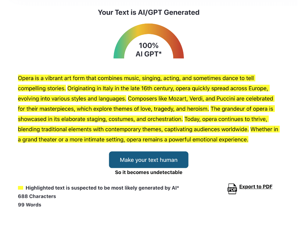 Результат сканирования ZeroGPT: исходный AI-текст помечен как AI