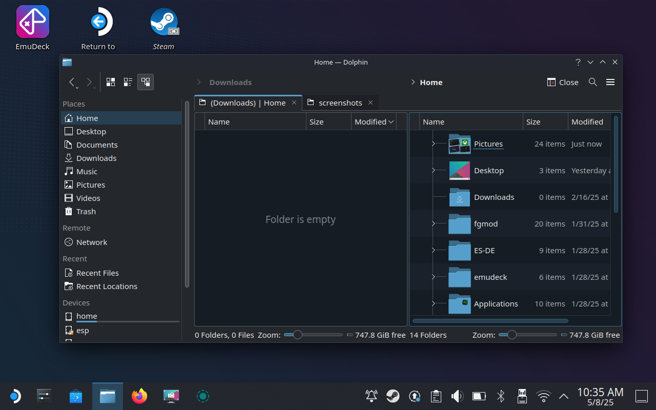 Dolphin file manager in split view.