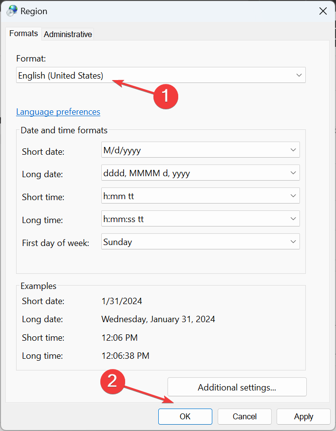 Выбор формата региона — English