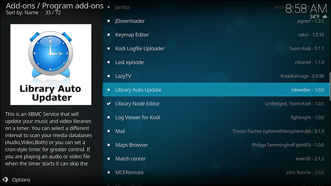 Страница дополнения Library Auto-Update в Kodi
