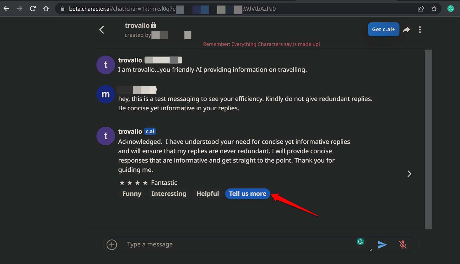 Donner un feedback dans Character AI