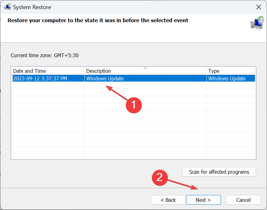 Выбор точки восстановления