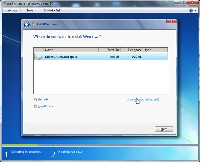 Экран выбора диска и параметров разделов