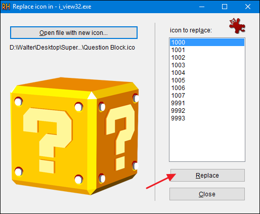 Список иконок для замены и кнопка Заменить