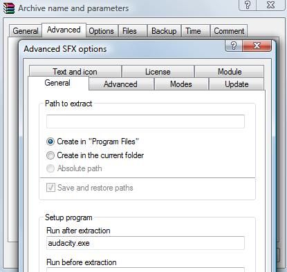 Параметры SFX: указание исполняемого файла