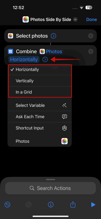 Изменение параметра объединения изображений в приложении Команды на iPhone