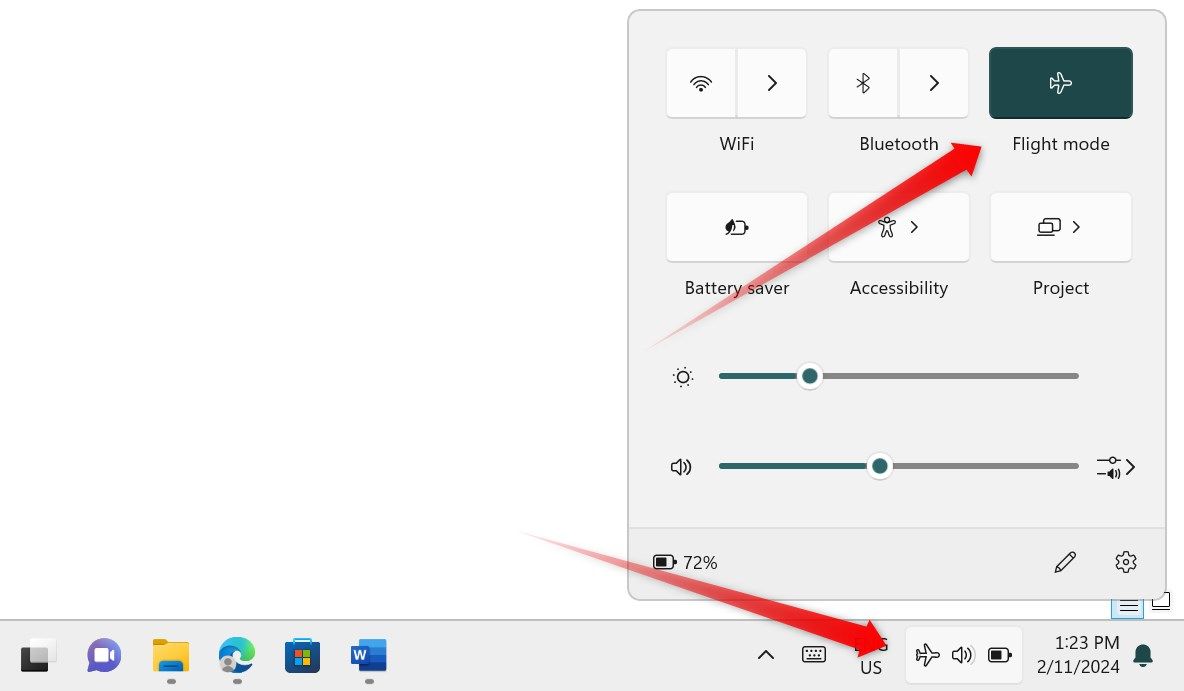 Выключение режима полёта в Windows 11.