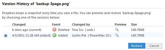 Просмотр версии файла и восстановление в Dropbox