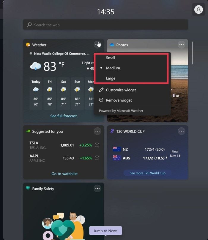 Меню изменения размера виджета в Windows 11, три варианта размеров