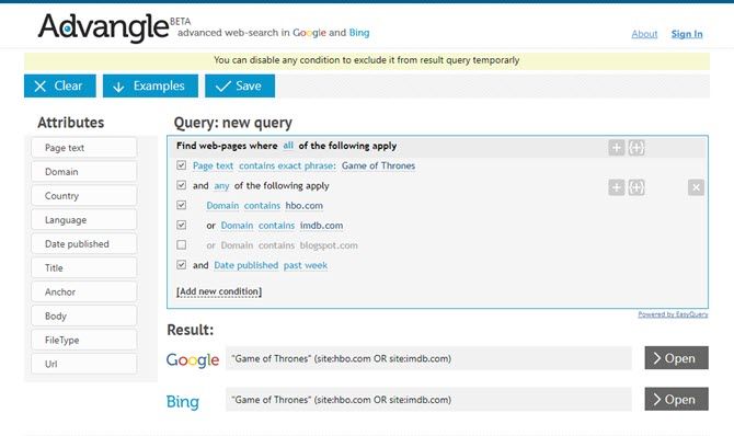 Интерфейс Advangle с панелью параметров и кнопками результата