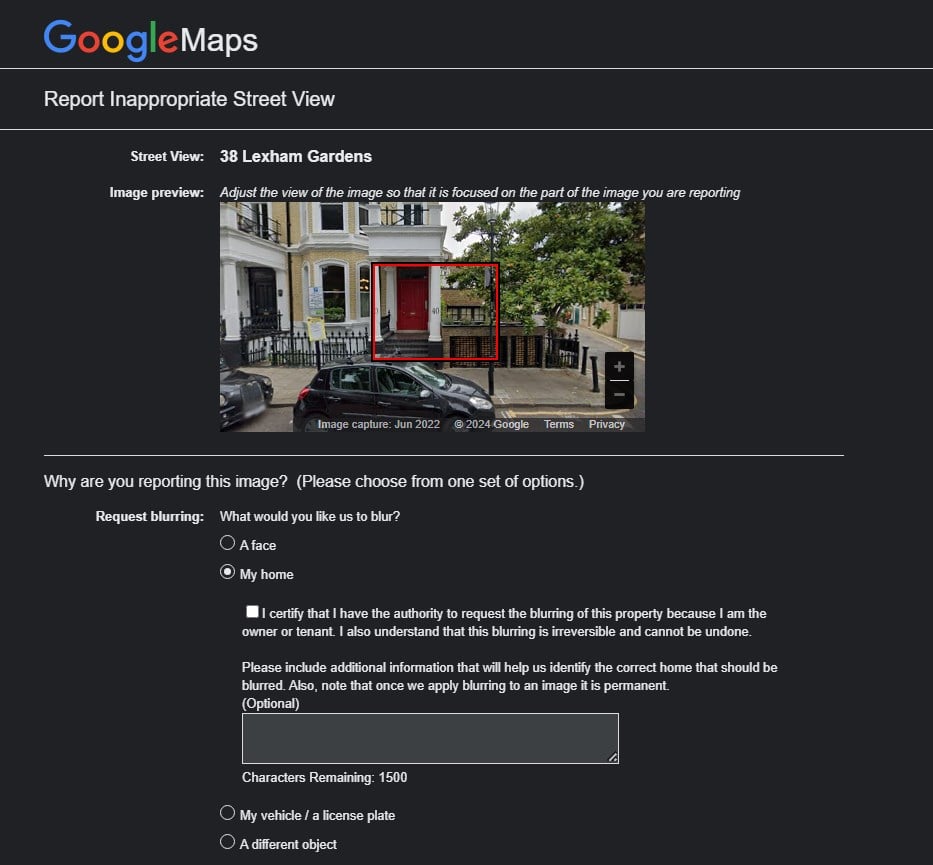 Форма жалобы в Google Street View с опцией 'Мой дом'