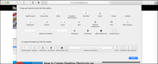 Визуальный редактор панели инструментов Safari с набором доступных кнопок