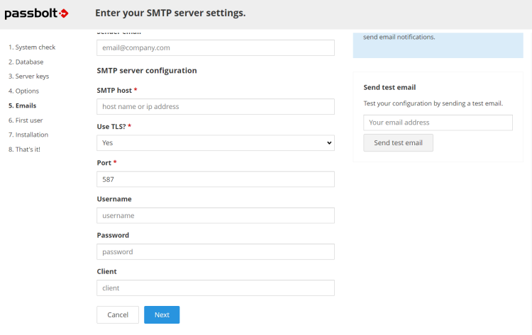 Ввод параметров SMTP для уведомлений