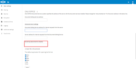 Поле для ввода JWT‑токена в настройках ONLYOFFICE Nextcloud