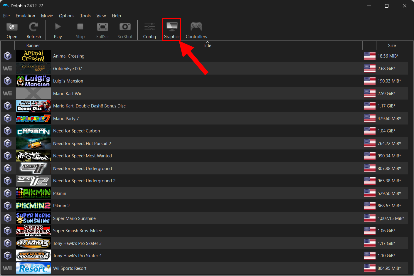 Указатель на панель настроек графики в Dolphin.