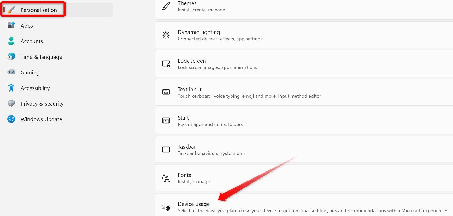 Открытие экрана использования устройства в Параметрах Windows.